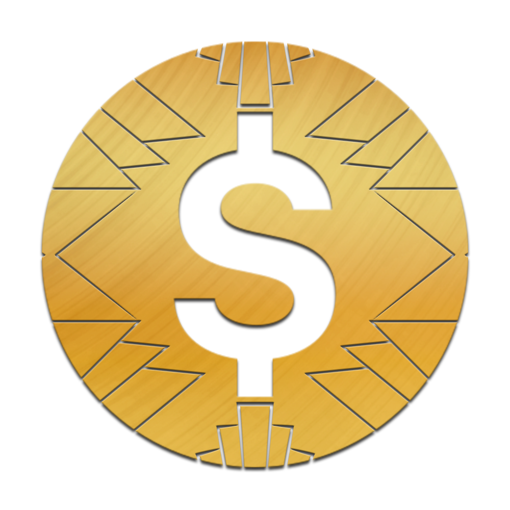 Gold dollar sign surrounded by art deco filigree.